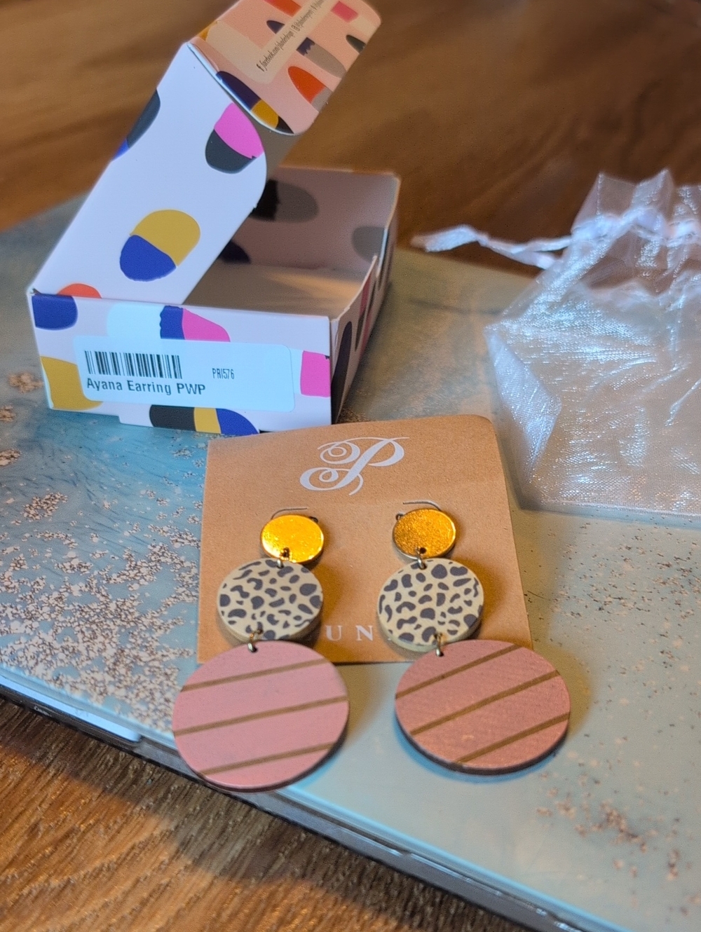 Plunder Ayana  Pink Leopard & Gold Disc Drop Earrings NWT In Box
